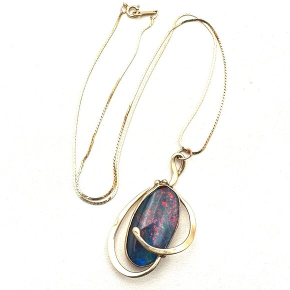 Australian Artisan Black Opal Triplet Necklace 14K Yellow Gold Unique Design - Picture 5 of 6